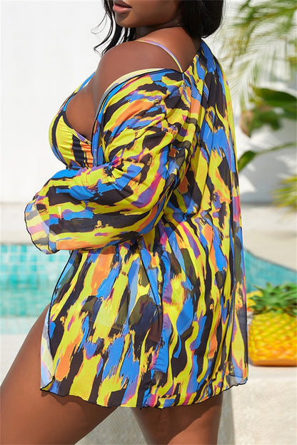 Sexy Print Tie-dye Plus Size Swimwear Three Piece Set