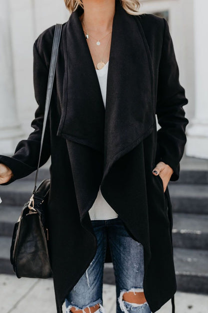 Casual Solid With Belt Turndown Collar Outerwear