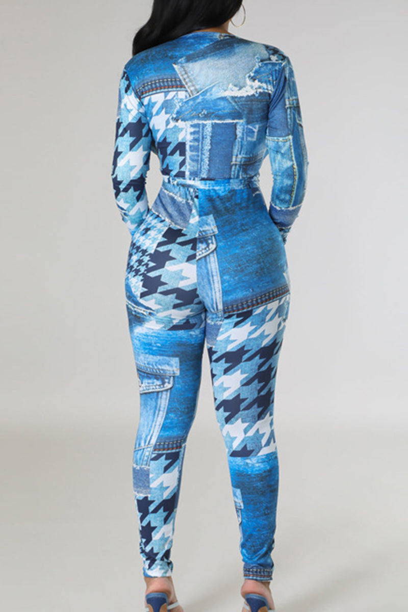 Street Print Bandage Patchwork V Neck Skinny Jumpsuits