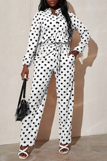 Casual Dot Print Patchwork Shirt Collar Regular Jumpsuits