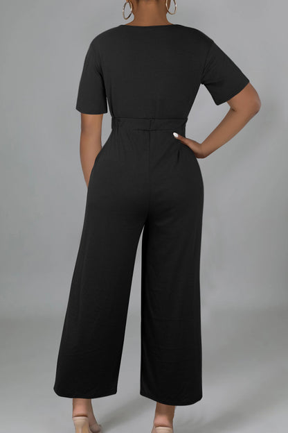 Casual Solid Patchwork V Neck Loose Jumpsuits