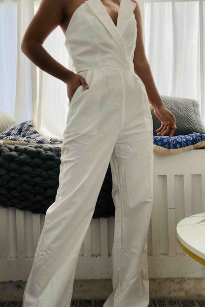 Sexy Casual Solid Backless Strapless Regular Jumpsuits