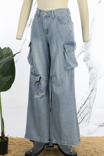 Casual Solid Patchwork Mid Waist Denim Jeans