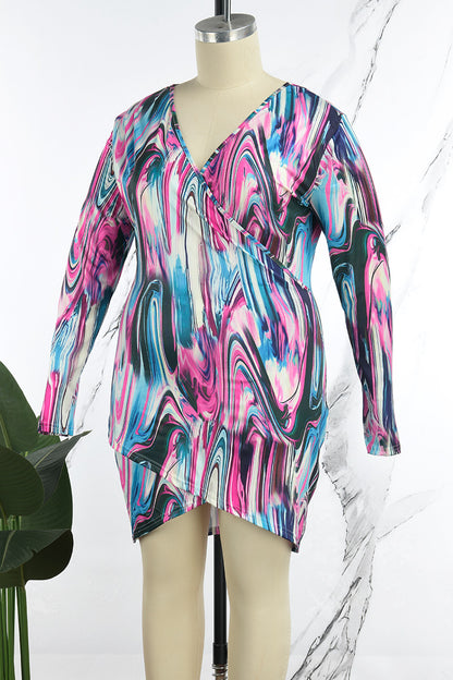 Casual Print Patchwork V Neck Long Sleeve Plus Size Dresses