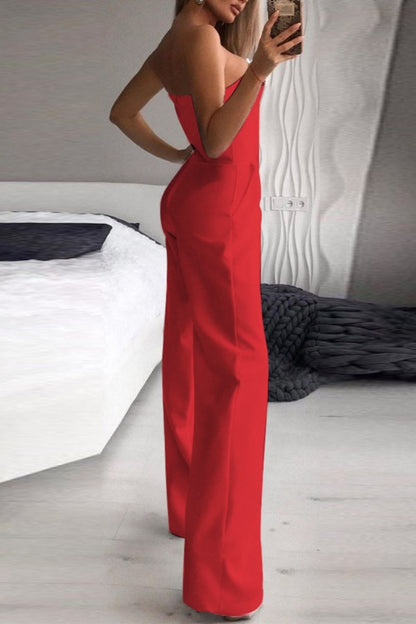 Sexy Casual Solid Backless Strapless Regular Jumpsuits