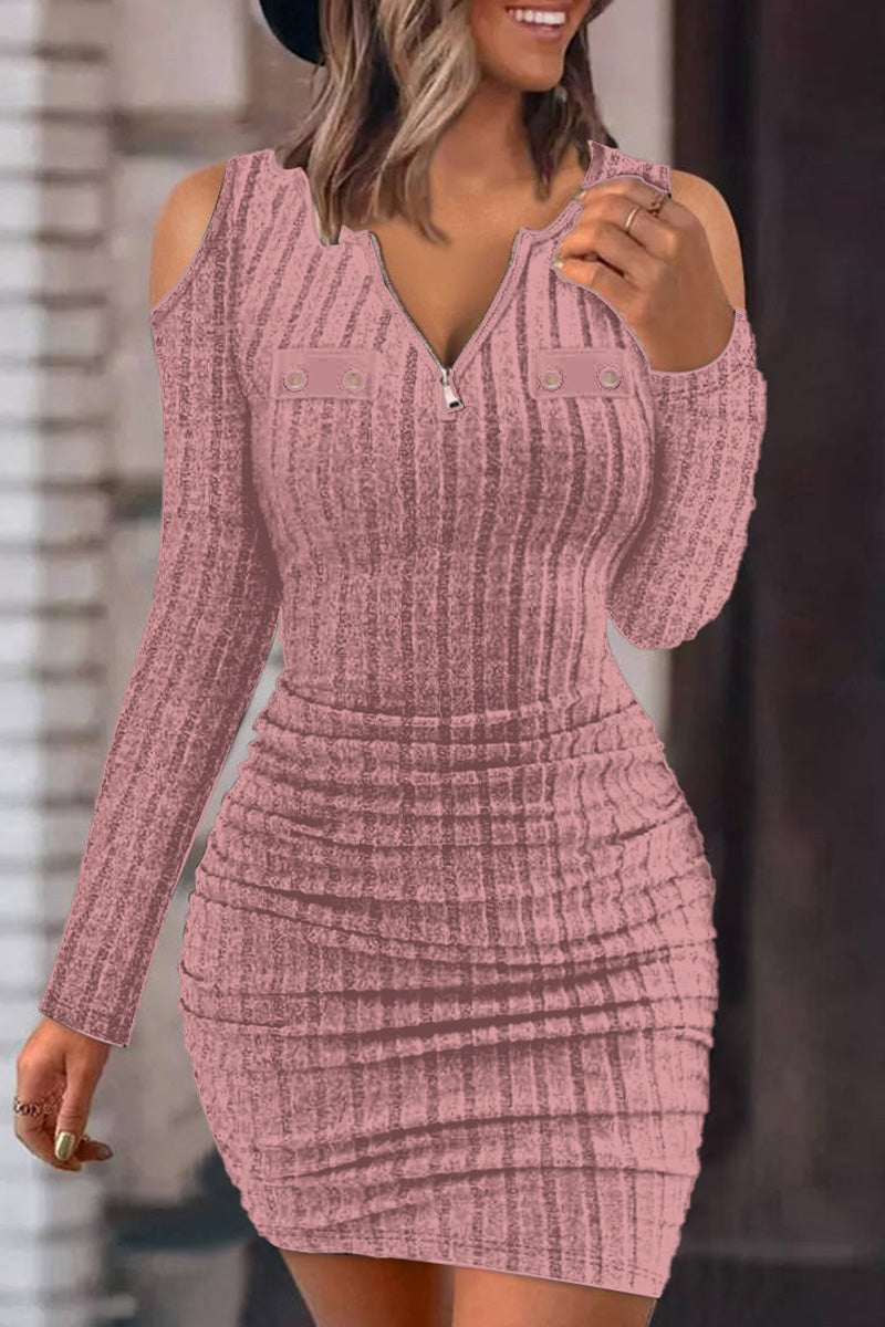 Casual Solid Hollowed Out V Neck Long Sleeve Dresses