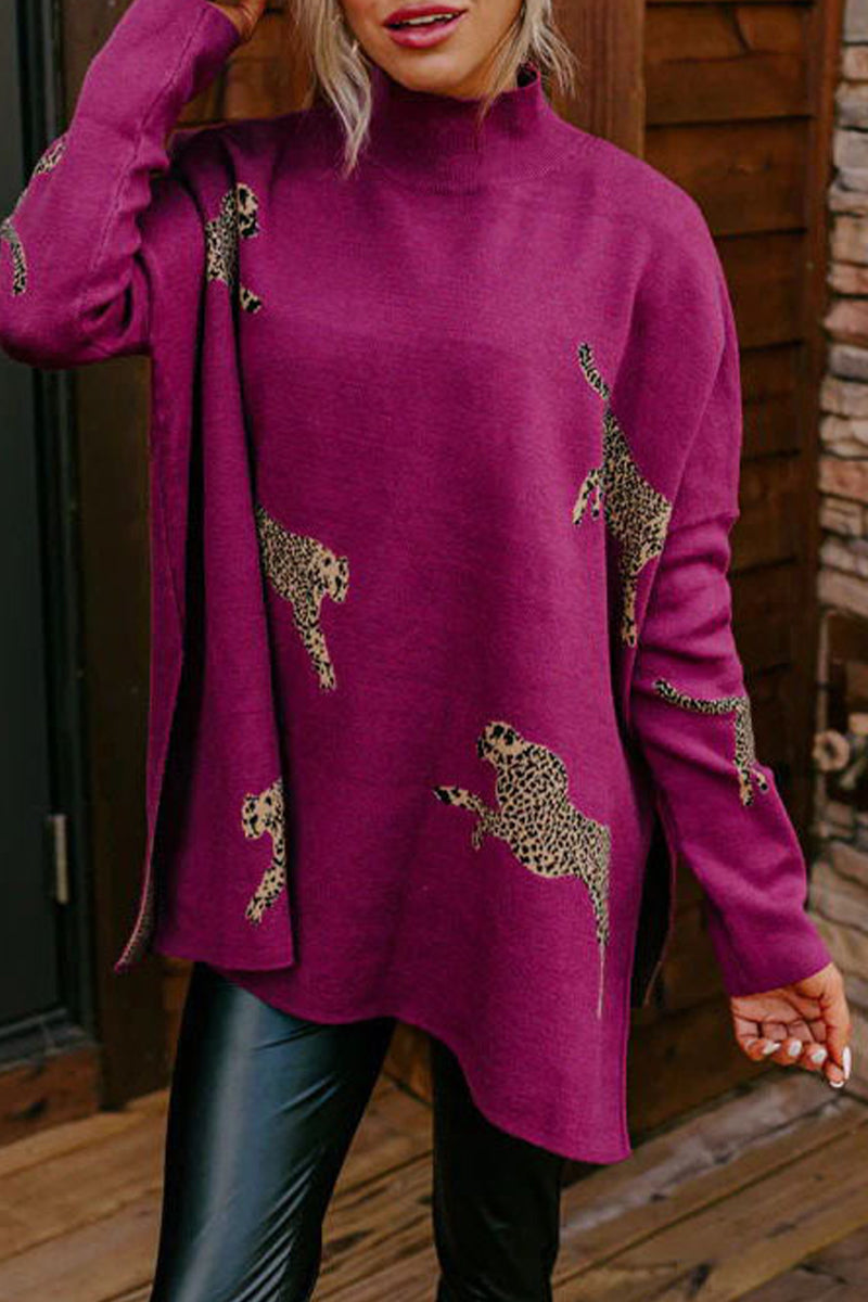 Casual Animal Slit Printing Turtleneck Tops