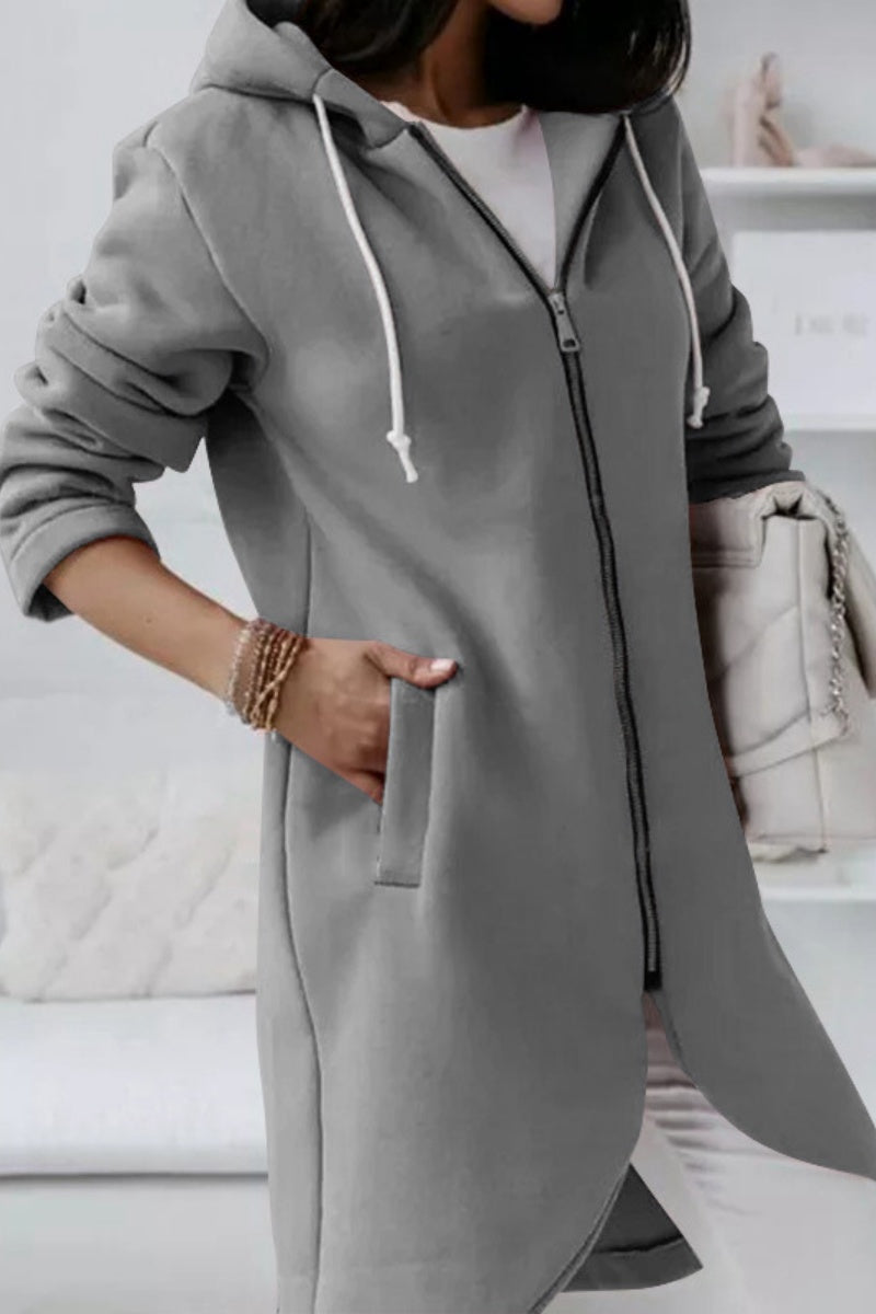 Casual Solid Patchwork Zipper Hooded Collar Outerwear